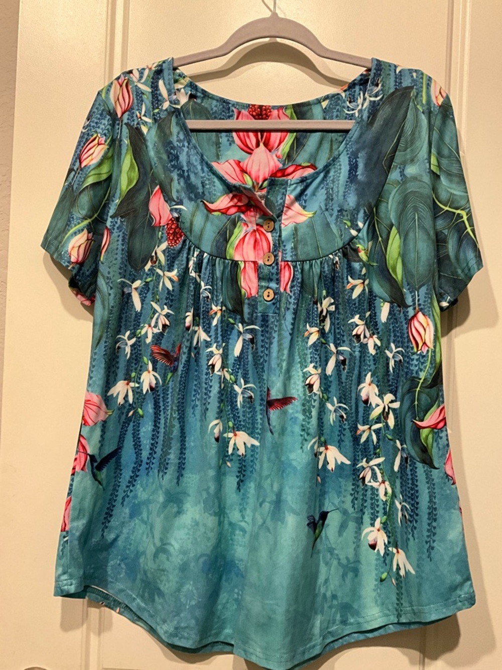 Women's Teal Floral Short-Sleeve Blouse